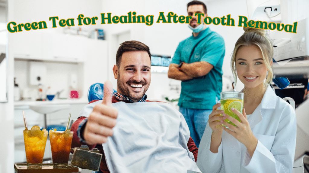 Cold green tea glass recommended for healing after tooth extraction.