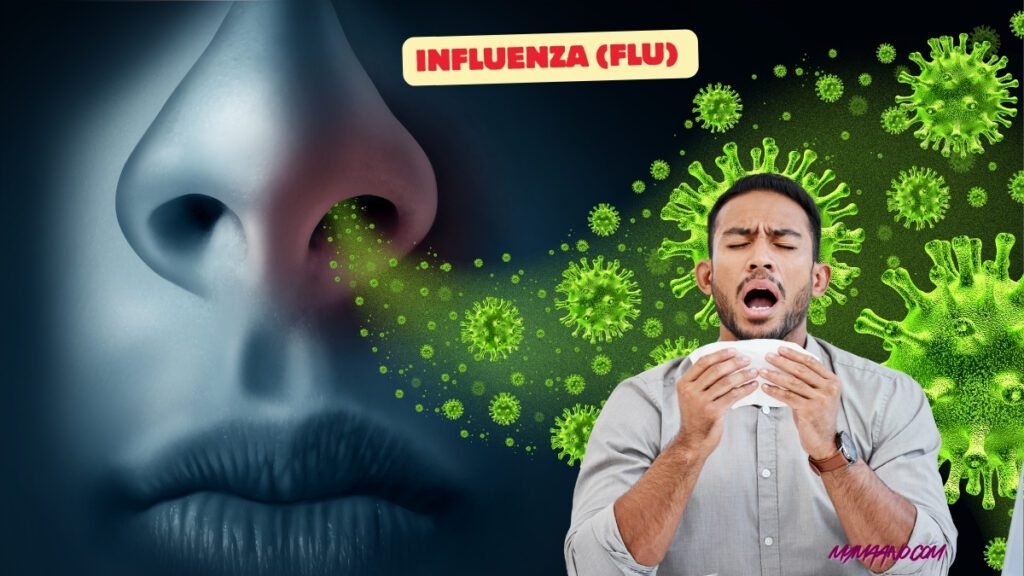 Flu spreads by sneezing and coughing
