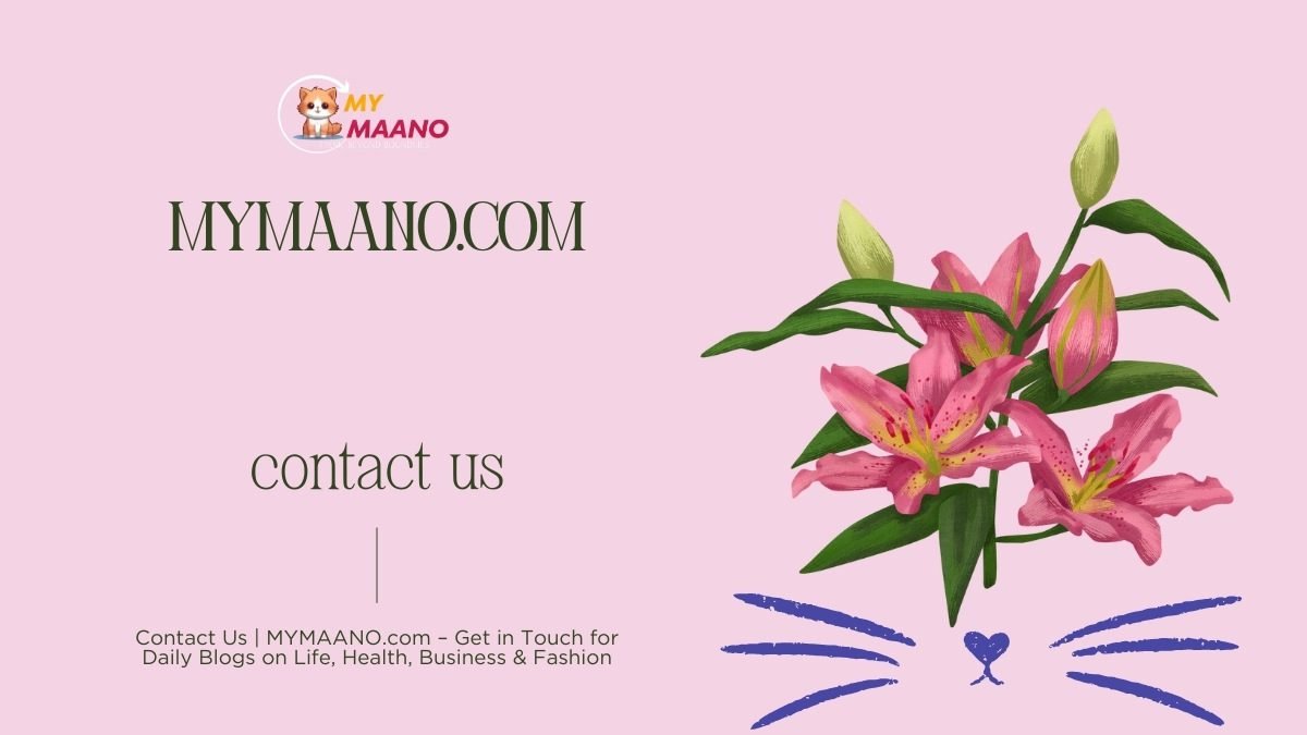 contact us mymaano.com on a letter in pink, with a bucnh of flowers