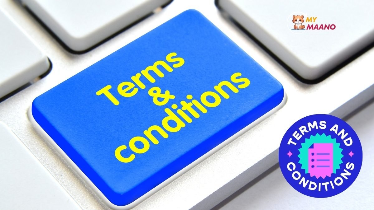 terms and conditions on a keyboard in blue with yellow text for mymaano.com