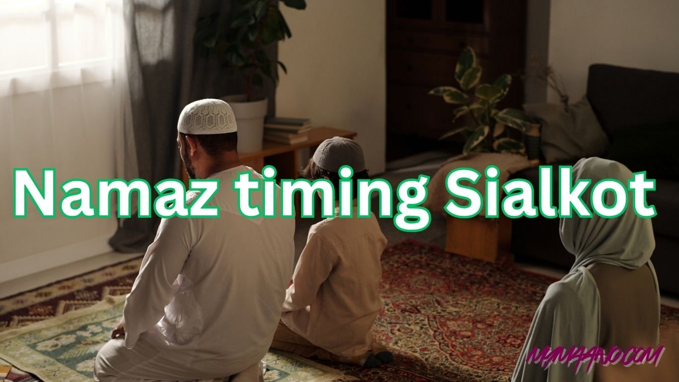 A Muslim man, woman, and child offering Namaz together inside a home on prayer rugs, representing Namaz timing Sialkot – MYMAANO.COM